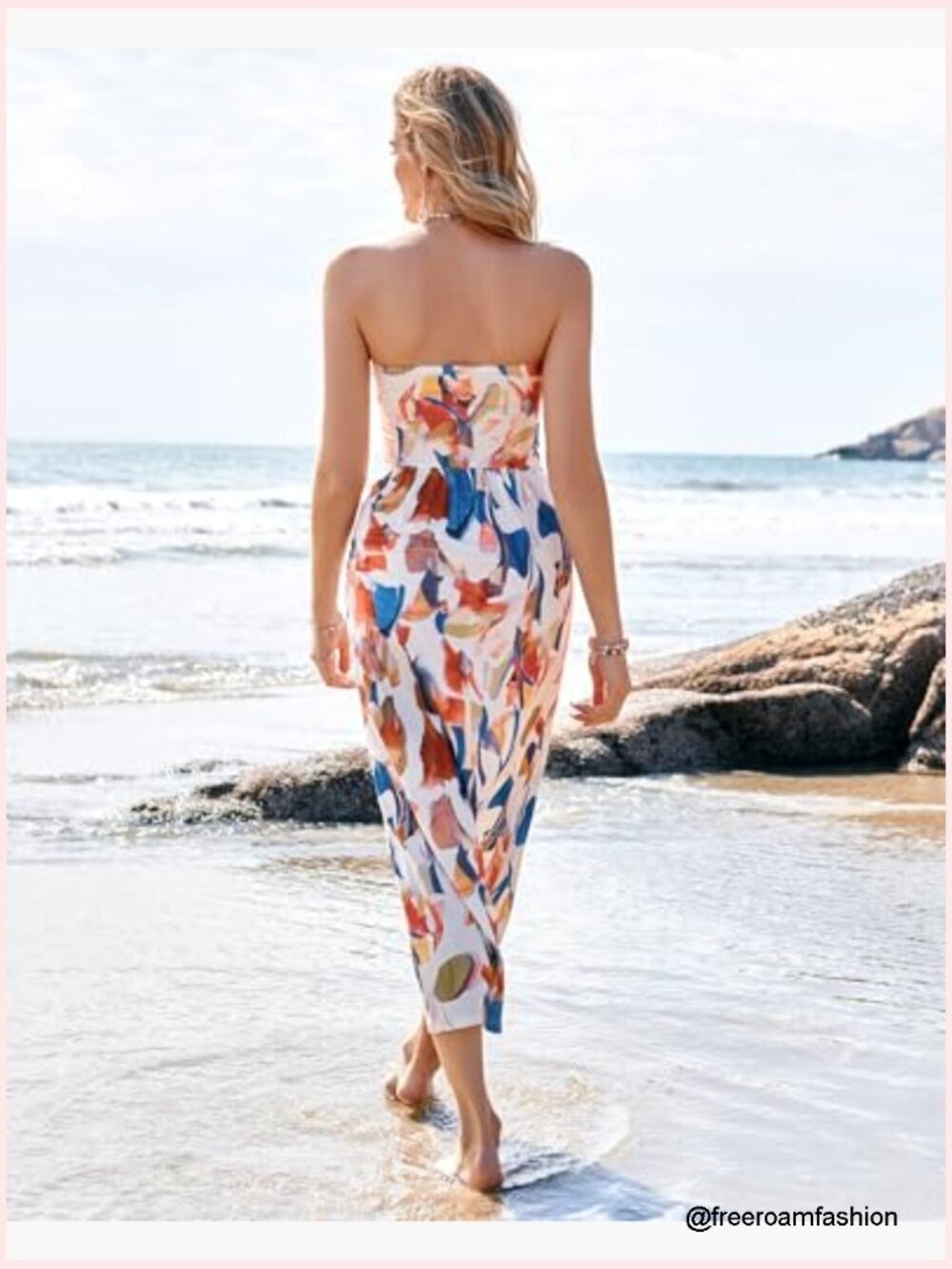 Strapless Ruched Maxi Dress with Pockets Elastic High Waist Flowy - Picture 2 of 6